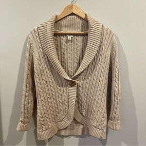 LL Bean Signature Cable Knit Cardigan Sweater Cream Size Medium Shawl Collar